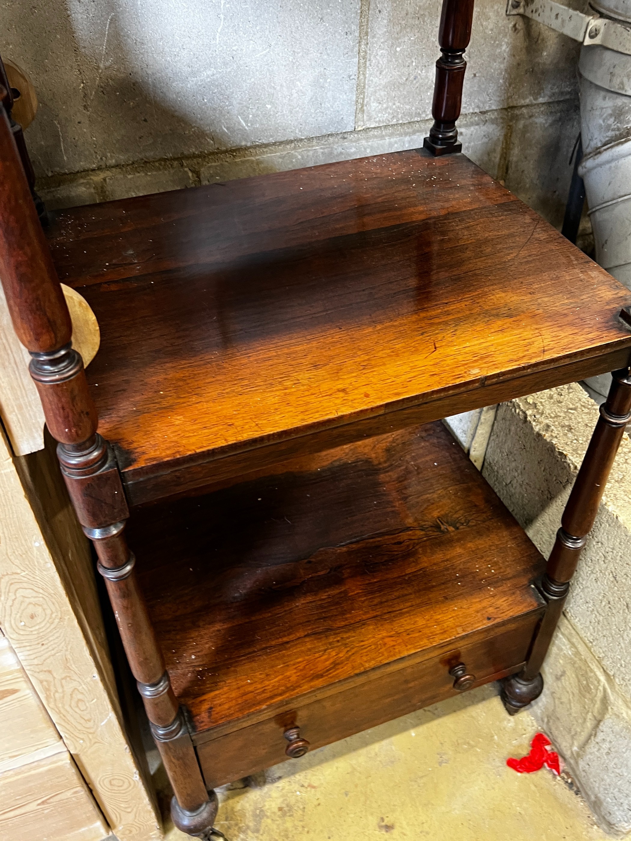 An early Victorian rosewood four tier whatnot, width 50cm, depth 40cm, height 140cm